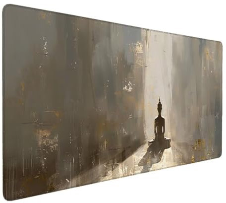 Gaming Mauspad XXL - Großes Mousepad 90x40cm - rutschfeste Schreibtischunterlage für Gaming und Büro - Fransenfreie Ränder - Präzises und Langlebiges Maxlvl Large Mouse Pad - (Grau Buddha-Statue) I-C4