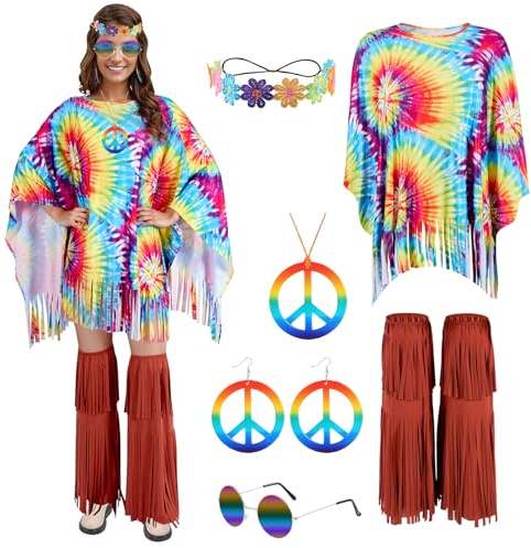 Puddry Kostüm der 60er und 70er Jahre, Hippie-Poncho für Damen, mit Zubehör, Disco-Outfit und Kleidung