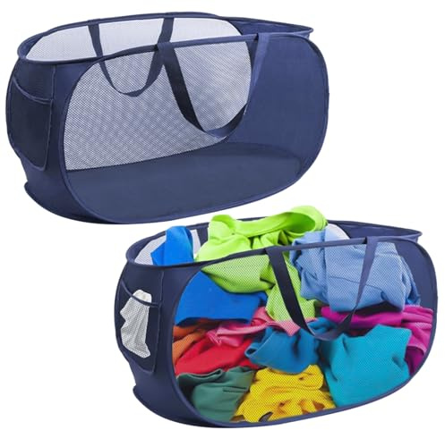 2 Stück Pop Up Wäschekorb 36 * 36 * 58 cm, Faltbarer Wäschekorb aus Mesh, wäschekorb Klappbar Mit Griff, Pop Up Wäschesammler, für Kinderzimmer Camping und Reisen (Blau)