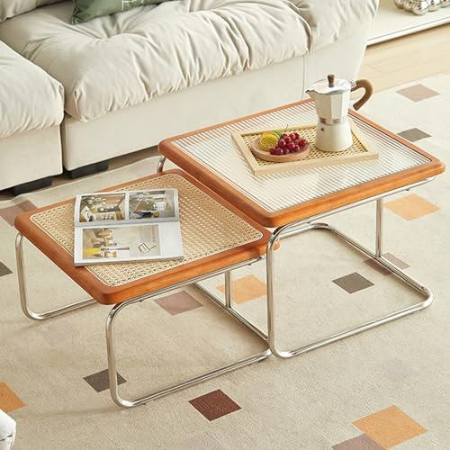 JWBXFYXW Zusammensetzbarer Couchtisch, 2er-Set, Glas + Rattan-Tischplatten-Design, quadratischer Tisch, Morden-End-Beistelltisch, Nachttisch für Schlafzimmer, Esszimmer (Schwarz und Orange) (Orange)