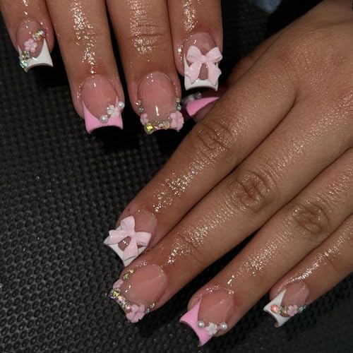 French Tip False Nails - 24PCS Press On Nails Pink - Full Cover 3D Short Fake Nails with Pink Bow Design - Acrylic Square Stick On nails with Glue for Women Manicure