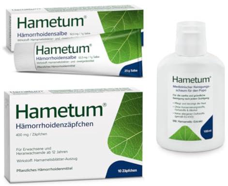 Hametum Set Reinigungsschaum 100ml + 10 Zäpfchen + Hämorrhoiden Salbe 25g | Sanfte & gründliche Reinigung des Popos bei Hämorrhoiden-Beschwerden,Fördert die Wundheilung, hemmt Juckreiz & Entzündungen