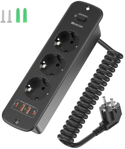 Sänkbart 3-vägs uttag med 4 USB (2 × USB-A 2 × USB-C) och strömbrytare, inbyggt uttag för bordsskiva med 2 m spiralkabel, 4 000 W/16 A, för kontor, hemmakontor och kök-svart