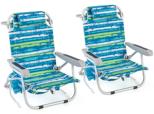 GIANTEX Vikbar strandstol med ryggsäck, campingstol i aluminium, justerbart ryggstöd med 5 positioner, förvaringsfickor, avtagbart nackstöd (65 x 66 x 78 cm, blå och grön, 2)