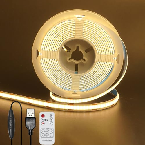 Clearhill 5V 8mm Width USB COB LED Strip Lights with Remote Dimmable Switch,Warm White 3000K,320LEDs/M,8W/M,CRI90,16.4FT/5M,Electroplated Double-Sided Panel Light Strip,Waterproof IP20,for Indoor