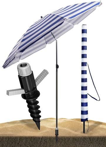 4smile Sonnenschirm Strand Ø 180 cm mit Bodenhülse, 3-IN-1-SET, Blau-Weiß