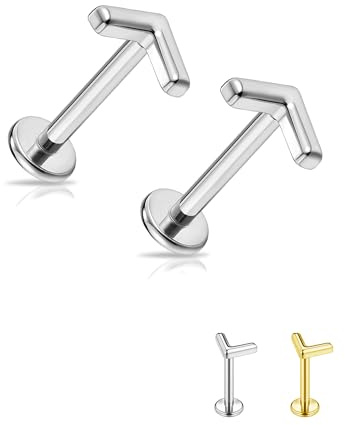 JSDDE 2er Titan Labret Piercing Studs Mini V-Form Lippenpiercing Stecker Knorpel Tragus Helix Piercing Conch Ohrpiercing Silber Gold