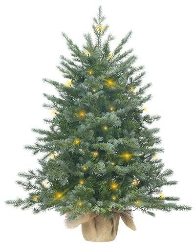 Pre-lit Christmas Tree 90cm/3ft, Artificial Xmas Tree with 215 PE & PVC Mixed Branch Tips & 80 LED String Lights & Burlap Wrapped Base for Tabletop Desk, Battery Operated