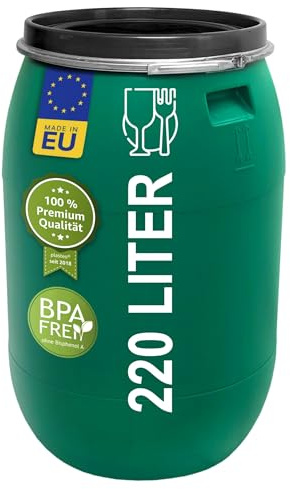Das Plasteo® 220 Liter Weithalsfass mit Deckel und Spannring, HDPE, BPA-Frei, lebensmittelecht, vielseitig verwendbar als Lebensmittelfass, Futtertonne, Regentonne (Grün mit Spannring)