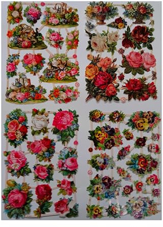 Glanzbilder Rosen Tulpen Blumen Blumenstrauß Motiv Set aus 4 verschiedenen Papierbögen zum Basteln und Verzieren Poesiebilder Deko EF SET 11