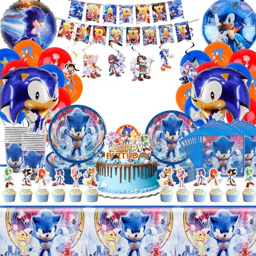 Pappteller Kindergeburtstag, 105 Stück Partygeschirr Geburtstagsdeko Cartoon Birthday Banner Luftballon Party Geschirrset Pappteller Becher Servietten Tischdecke Kuchen Deko Kinder