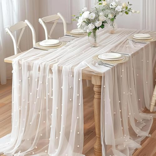 Tischläufer Tüll mit Perlen 80x300cm Tischdecke aus Perlenspitze Chiffon Tischläufer Wiederverwendbar Hochzeitsdekorationen Geeignet für Brautpartys, Geburtstagsfeiern(Weiß)