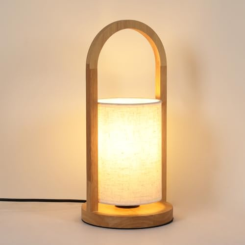 Goeco Nachttischlampe mit Kabelschalter, E27-Fassung Tischlampe, Holz | Vintage Tischleuchte mit Leinen-Schirm für Schlafzimmer, Wohnzimmer, Schlafsaal, E27-Fassung (Ohne Leuchtmittel)