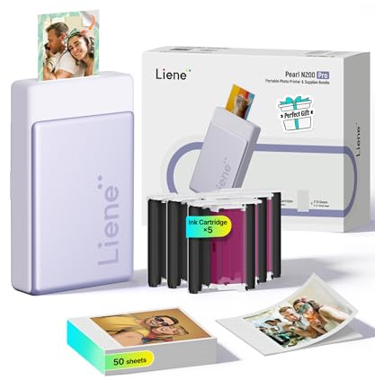 Liene Pearl N200 Pro Kit de Recharge Original à Sublimation Thermique – 50 Papiers Photo Adhésifs (5x7.6 cm) et 5 Rubans, Qualité Pro Résistant à l‘Eau, Uniquement pour DMP130, Violet