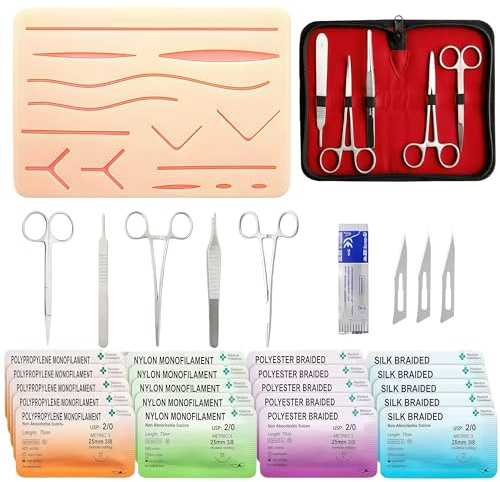 Chirurgisches Nahtset: Suture Practice Kit + 20* Nahtmaterial, Wundnaht Übungsset, Silikon-Nähkissen mit Werkzeugsatz, Nahtfaden, Nur zu Bildungszwecken