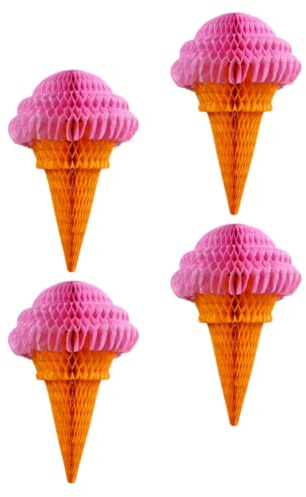 CALLARON 4 Pezzi Palle Decorativi a Nido D’Ape a Forma di Gelato Rosa in Carta per Decorazioni di Feste di Compleanno e Eventi a Tema, Accessori da Appendere per Scenografie Festose