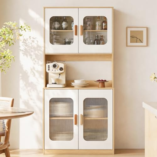Küchenschrank 180 cm Hoch, Buffetschrank mit Vitrine und Transparenter Tür, Küchenbuffet mit Stauraum, Ablagefläche für Mikrowelle, Schrank Weiß Holzoptik, 80 cm Breit für Küche Esszimmer Wohnzimmer