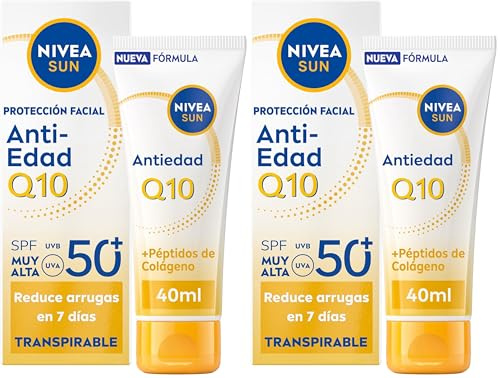 NIVEA SUN Q10 Protección Facial Antiedad SPF50+ Transpirable - Crema Solar Facial UV - Reduce Arrugas en 7 Días - Q10, Péptidos de Colágeno, Licocalcón A - 0% Sensación grasa - Piel Madura - 40 ml