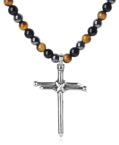 GAVU Collier Triple Protection Homme, Œil de Tigre/Obsidienne/Hématite, Collier Croix Acier Inoxydable, 55cm