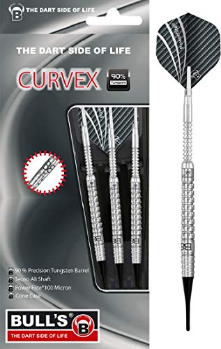 Bull's Curvex Soft Dart 18g, Barrel aus 90% Tungsten (Wolfram), Dartpfeile Set mit 3 Darts inklusive Soft Tips, Aluminium Shaft und 100 Micron Flight in Standard A-Shape, 17938, Silber