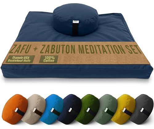 Meditation Cushion Mat Set - Large Round Zafu Floor Pillow Organic Buckwheat Pillow + Cotton Filled Zabuton Prayer Pad - Meditation Pillow Yoga Knee Pad - Made in USA - 14 Round, NAVY Cotton