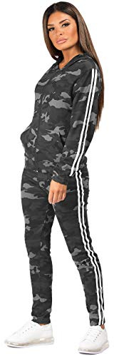 Lexi Fashion Womens Ladies Camouflage Print 2Pc Twin Side Stripe Joggers Bottoms Pants Leggings Casual Loungewear Tracksuit Top Co Ord Set Grey UK Size M/L-10/12