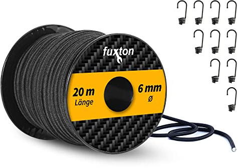 fuxton® Gummiseil (6 mm x 20 m + 10 Spiralhaken), Expanderseil, Gummileine, Bungee Cord Marine, Spanngummi Meterware, schwarz