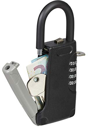 Relaxdays Schlüsseltresor mit Bügel, 4-stelliger Zahlencode, außen, Schlüsselsafe klein, HxBxT: 14,5 x 6 x 2 cm, schwarz, 1 stück, 10028713