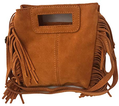 DHDB-Sac à Main Femmes Cuir Véritable Façon Daim à Franges Bandoulière Porté Epaule Italien Alba-Caramel