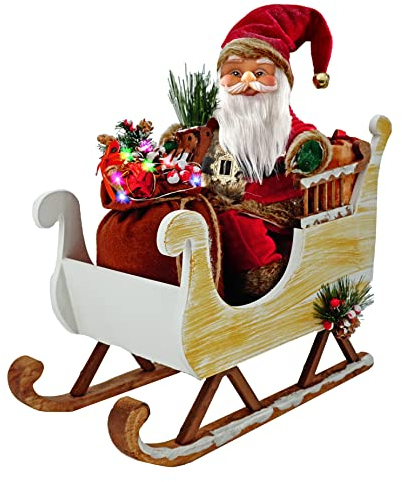 abc HOME | Dekofigur Weihnachtsmann mit Schlitten | LED`s | batteriebetrieben | 41 cm B