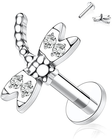 16G Titan Labret Ohrstecker Flatback Ohrringe Lippenstecker Tragus Piercing Schmuck Ohrringe mit Innengewinde 6mm Monroe Medusa Helix Ohrstecker Silber Lappenknorpel Conch Ohrringe mit Libelle CZ