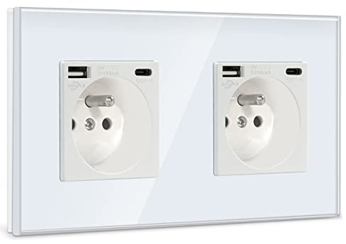 BSEED Double Prise Murale avec USB et 1 Type C,16A Prise de Courant Alternatif avec Panneau en Verre,Multiprise Murale Max 2.1A,Convient au Smartphone, à la Tablette (2 Prise avec USB et Type C,Blanc)