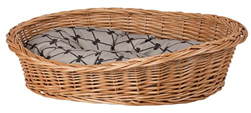 e-wicker24 Hundekorb aus Weide in Naturfarbe Tierkorb aus Korbgeflecht Katzenkorb Tierbett mit Kissen Hundebett Katzenbett (45X32 H15, Beige)