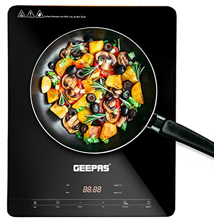 Geepas Digital Induction Cooker, 2000W – Single Ultra-thin Induction Hob w/LED Touch Display & Timer, 10-level Power and Temperature Control, Slim Black Crystal Panel, Safety Lock – 2 Year Warranty