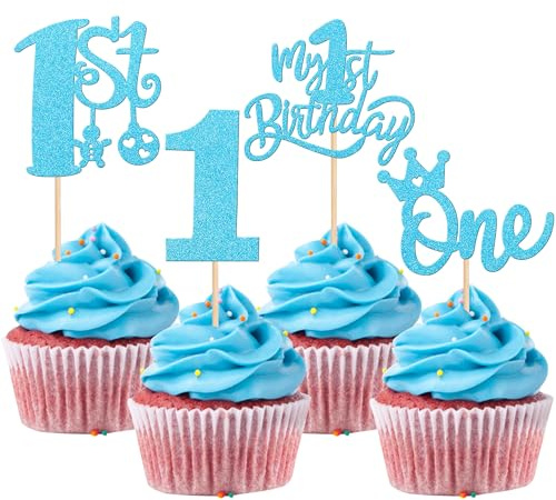 24 Stück 1st Geburtstag Tortendeko Glitzer Krone One Cupcke Toppers One Jahr alt Kuchen Deko für Baby Dusche Kinder Jungen Mädchen 1. Geburtstag Party Kuchen Dekorationen Blau