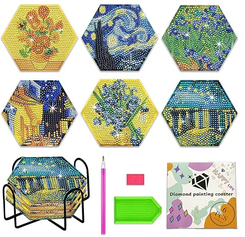 Diamond Painting Coasters Kits with Holder, 6 PCS Hexagonal Van Gogh Diamond Art Coasters Kit, DIY Diamond Painting Kits for Kids Adults Beginners