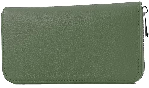 modamoda de SILBER-P02 Damen Leder Geldbörse Portemonnaie lang Handmade in Italy, Farbe:Olivgrün