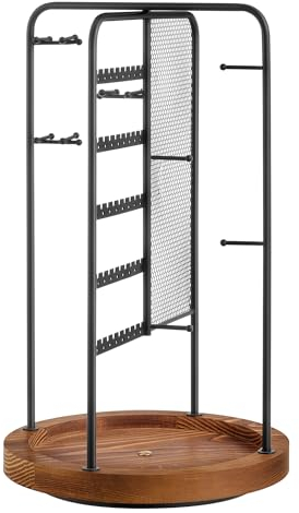 SONGMICS Schmuckständer, Schmuckhalter drehbar, 4 getrennte Bereiche, Metallrahmen, Schmuckaufbewahrung für Halsketten Armbänder Ohrringe Ohrstecker Ringe, Geschenkidee, schwarz JJS023B01