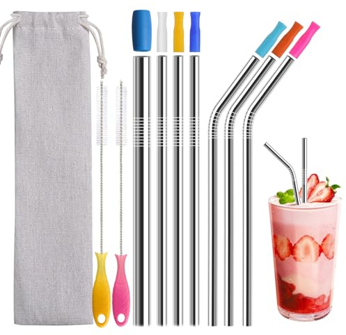 WK IEASON Stainless Universal Straws Set(7pc), 8.5” Eco-Friendly Reusable Drinking Straws Food Grade Stainless Steel Straws with Silicone Tips for Smoothie and Hot&Cold Drinks