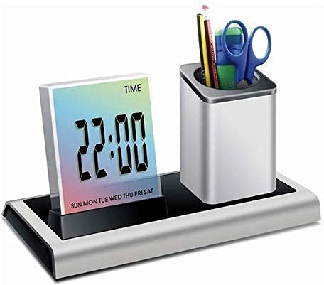 Pen Holder,Desk Pen Holder Pencil Container With Calendar Timer Pen Holder Container Lcd Digital Alarm Clock Desk Pencil Holder