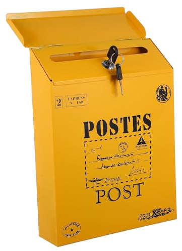 Retro Wandbriefkasten aus Eisen, Abschließbar, Gelb, für Hausdeko | Wandmontage, Vielseitig Nutzbar, Amerikanischer Stil, Filigrane Verarbeitung, Leicht zu Montieren