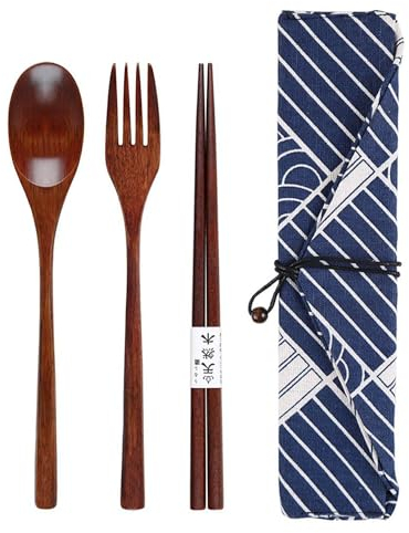 4-teiliges japanisches Geschirrset in einer Stofftasche im japanischen Stil, mit 1 Gabel, 1 Löffel und 1 Essstäbchen, Outdoor-Reisegeschirr, Geschirrtasche, geeignet für Schule, Picknicks und Camping.