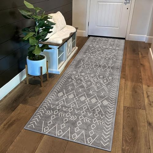 Siunwdiy Teppich Läufer Flur Küche rutschfest Waschbar Kurzflor Küchenläufer Lang Marokkanischer Korridor Teppich Läufer Grauer Küchenteppich Flurteppich Meterware Anpassbar,Morocco 4,90x300cm