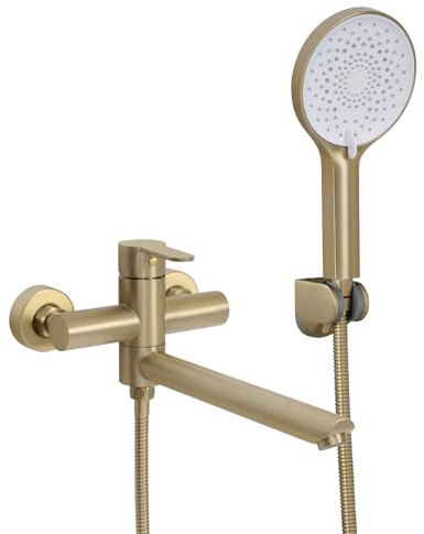 PHASAT Robinet Baignoire Mural avec Douchette, Robinet Mitigeur pour Salle de Bains en Acier Inoxydable bec Rotatif à 90° Or Brossé PTBG13E