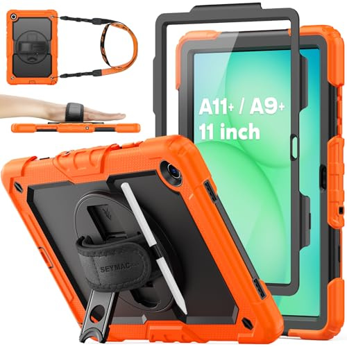 SEYMAC stock Case for Samsung Galaxy Tab A11+ Plus/A9+ Plus 11 Inch 2025/2023, Full Body Shockproof with Screen Protector, 360° Rotating Stand/Hand Strap for Samsung A11+/A9+ Tablet Case, Orange