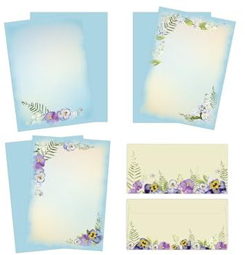 Briefpapier-Set 30 Briefbögen DIN A4 + 15 Umschläge DIN-lang haftklebend Motiv Natur Blumen blau weiß MIX beschriftbar und bedruckbar für Geburtstag Hochzeit Einladung Geschenk Firmenpost Ostern