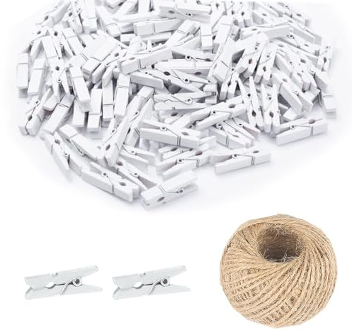200 Stück Mini-Holzklammern, 25 mm, natürliche Holzklammern, Wäscheklammern, Wäscheklammern, Wäscheklammern mit 25 m Jute-Schnur (weiß)