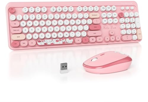 Mosptnspg Tastiera colorata 2,4 G, 104 tasti, rosa, senza fili, con membrana rotonda, tastiera da ufficio retrò per PC/Mac/laptop/tablet/computer Windows (rosa)