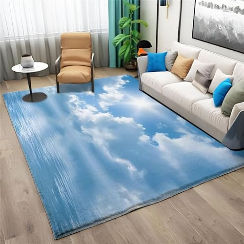 Teppich 60 X 90 cm Super Weich rutschfest Flauschig Waschbar Kurzflor Teppich, Muster Aus Blauem Himmel Und Weißen Wolken Fußmatte Für Dekoration Schlafzimmer Kinderzimmer Wohnzimmer, Hellblau