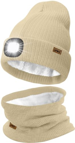 ATNKE LED Mütze mit Licht und Schal Set, Wiederaufladbare USB 4 LED Beleuchtete Laufmütze Winter Warme Gefütterte Fleece Halsschlauch und Stricken Mütze für Herren und Damen Geschenke